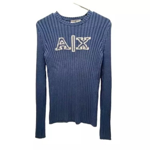 Armani Exchange A|X Logo Women's XS Ribbed Crewneck Sweater Steel Blue NWOT - Picture 1 of 11